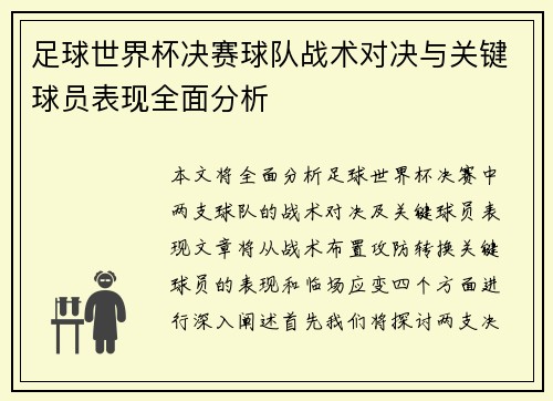足球世界杯决赛球队战术对决与关键球员表现全面分析