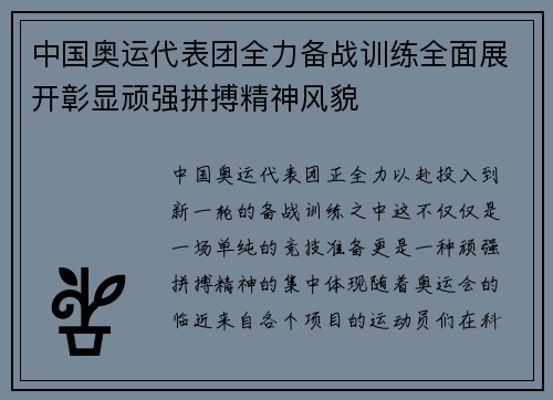 中国奥运代表团全力备战训练全面展开彰显顽强拼搏精神风貌
